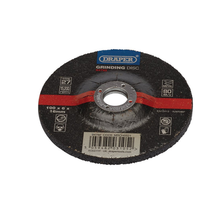 Draper DPC Metal Grinding Disc, 100 x 6 x 16mm (94792)