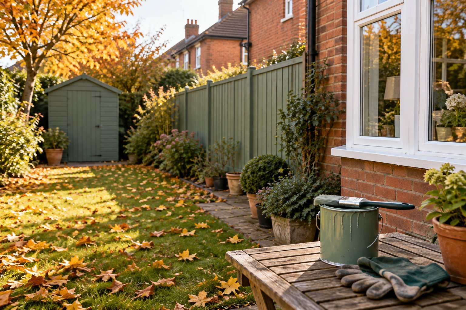Freshly painted garden fence and shed in autumn, with a paint tin and brush ready for exterior jobs before winter