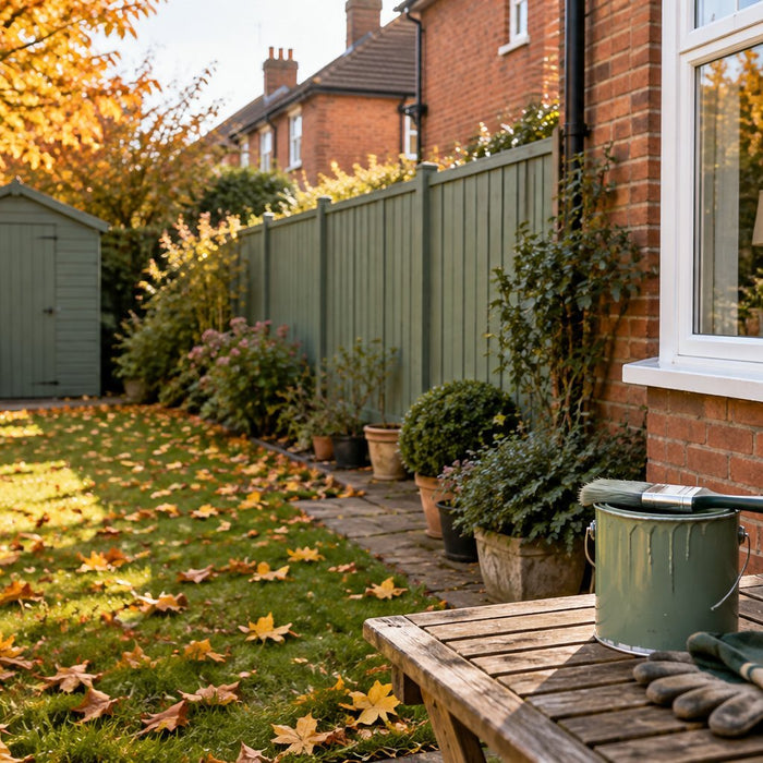 Freshly painted garden fence and shed in autumn, with a paint tin and brush ready for exterior jobs before winter