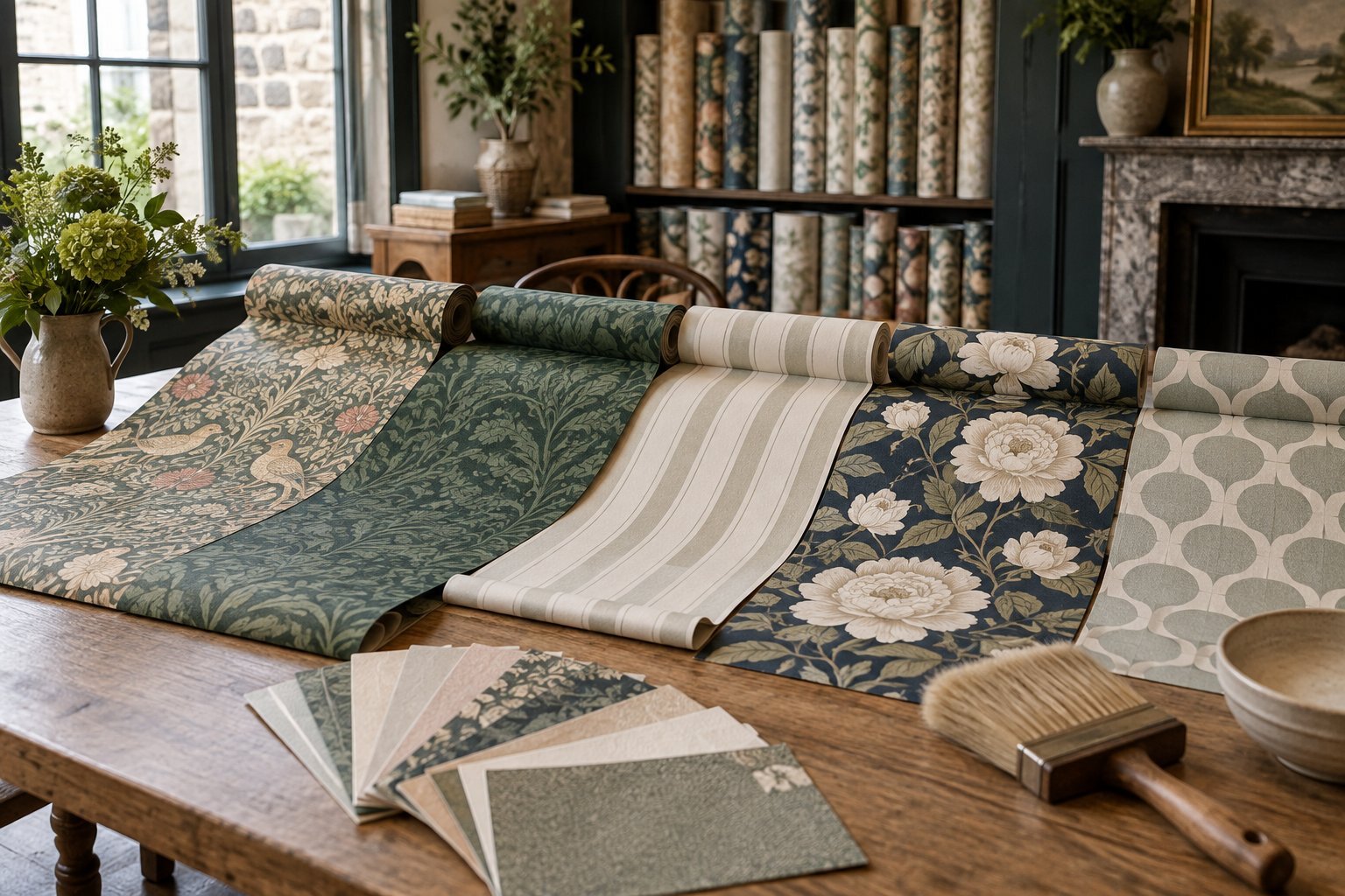 Designer wallpaper rolls and samples laid out on a table at a Northampton decorating shop