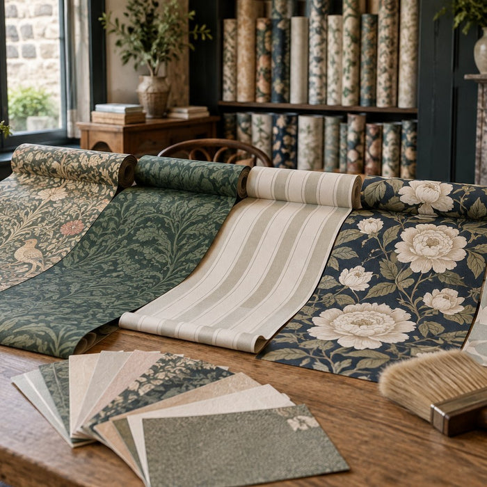 Designer wallpaper rolls and samples laid out on a table at a Northampton decorating shop