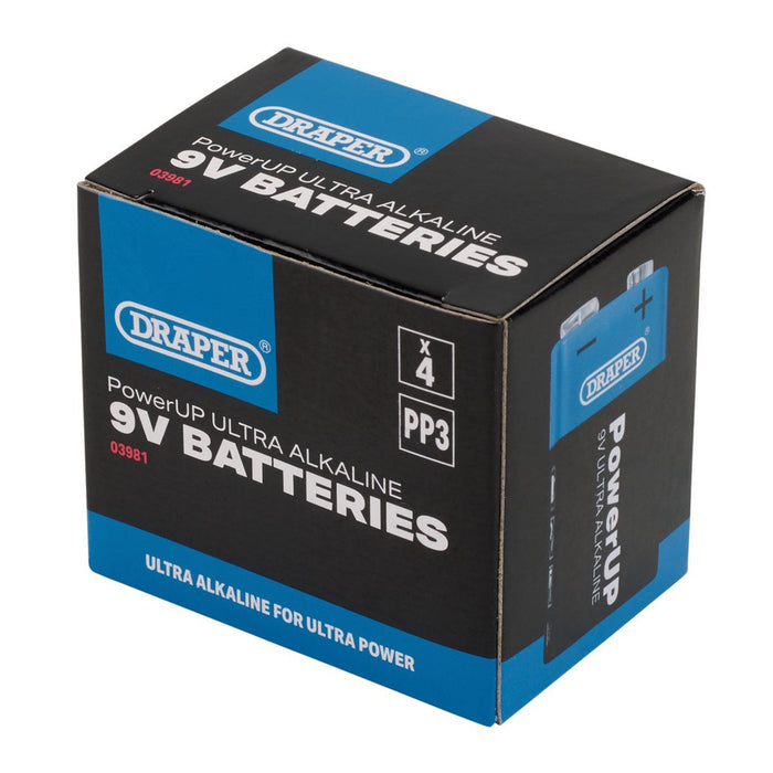 Draper PowerUP Ultra Alkaline 9V Batteries (Pack of 4) (03981)