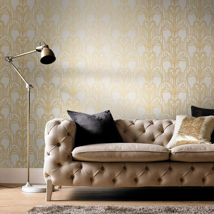 Graham & Brown Art Deco Gold/Pearl Wallpaper