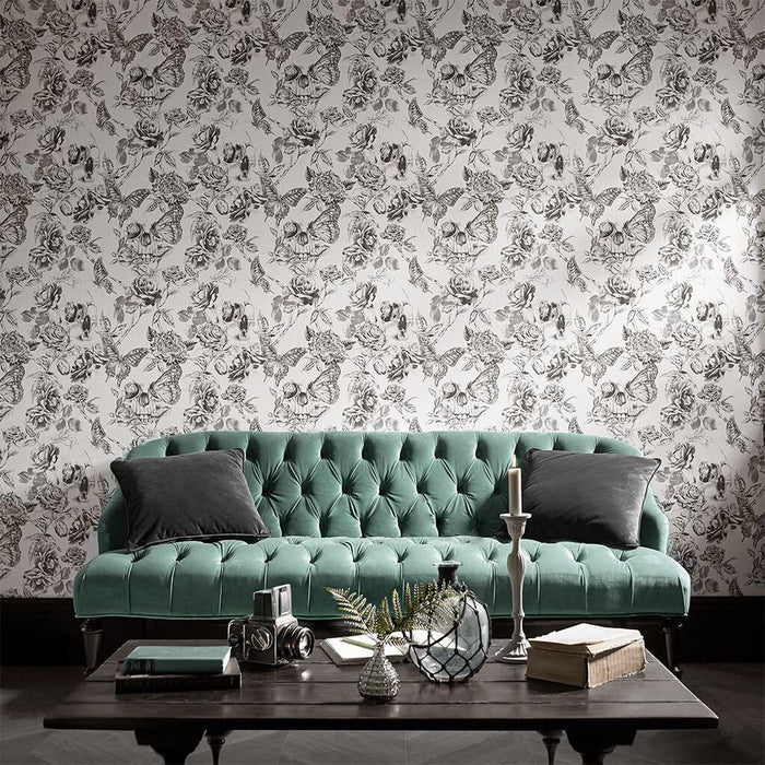 Graham & Brown Skull Roses Wallpaper 104560 Black/White