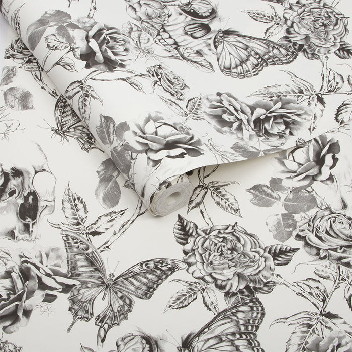 Graham & Brown Skull Roses Wallpaper 104560 Black/White