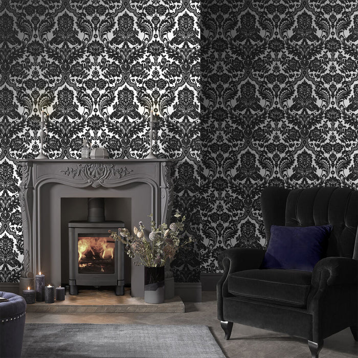 Graham & Brown Gothic Damask Flock Black/Silver Wallpaper