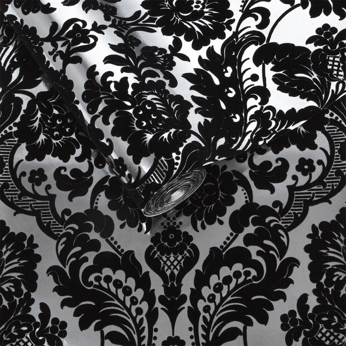 Graham & Brown Gothic Damask Flock Black/Silver Wallpaper