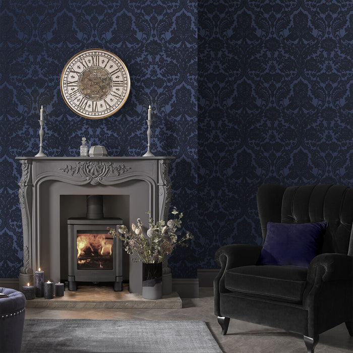 Graham & Brown Gothic Damask Flock Cobalt Wallpaper