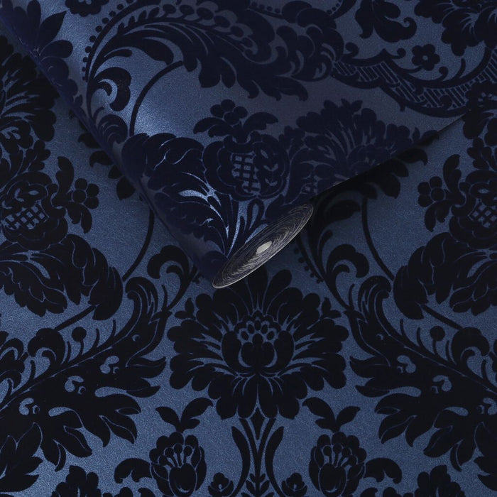 Graham & Brown Gothic Damask Flock Cobalt Wallpaper