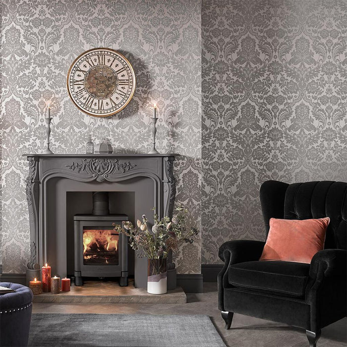 Graham & Brown Gothic Damask Flock Grey Wallpaper