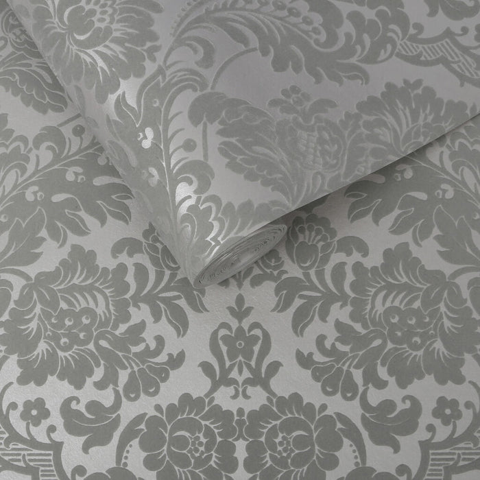 Graham & Brown Gothic Damask Flock Grey Wallpaper