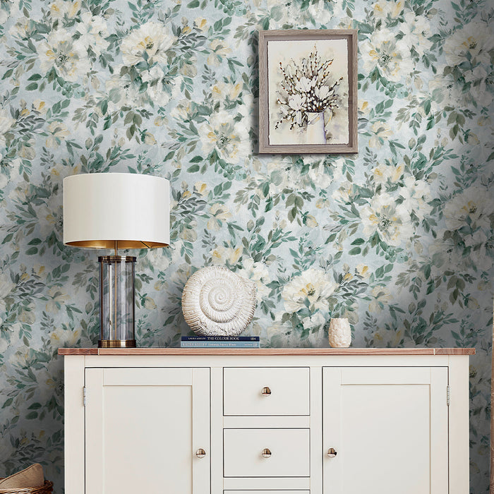 Laura Ashley Elowen Peony Wallpaper - 143331- Pale Teal