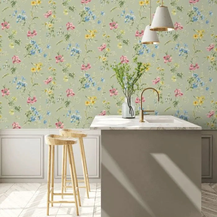 Laura Ashley Poppy Meadow Wallpaper - 127405 -Sage