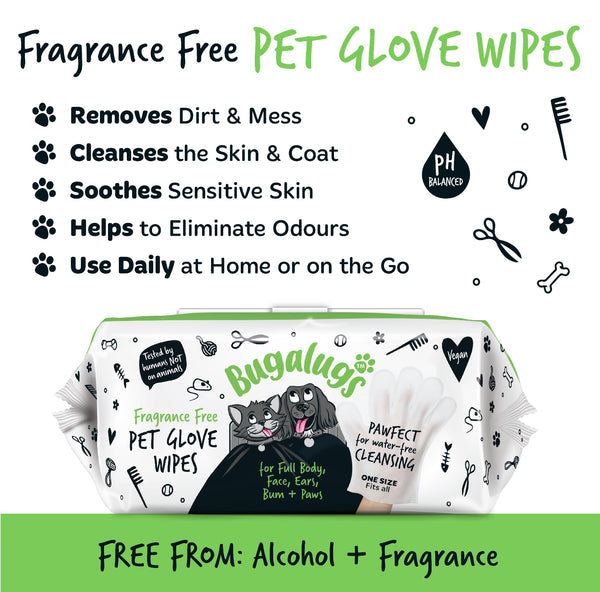 Bugalugs Fragrance Free Glove Pet Wipes for Full Body, Bum & Paws (30)