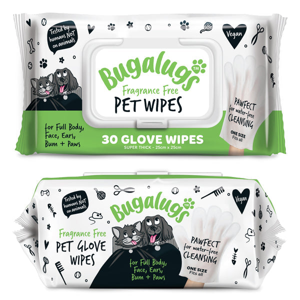 Bugalugs Fragrance Free Glove Pet Wipes for Full Body, Bum & Paws (30)