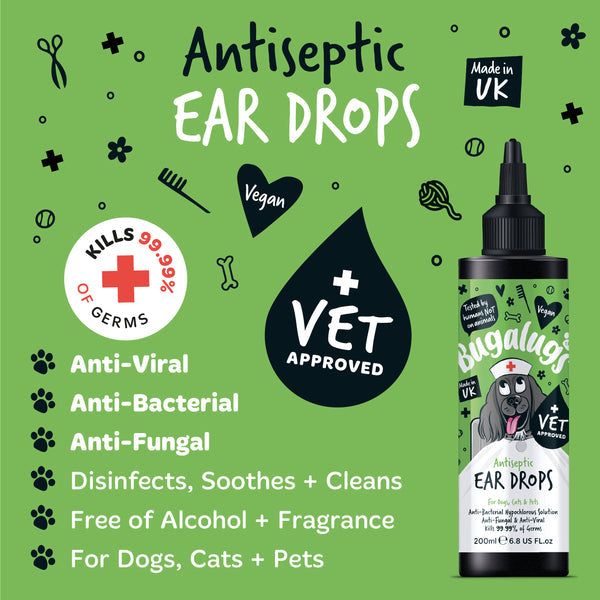 Bugalugs 200ml Antiseptic Ear Drops for Dogs, Cats & Pets