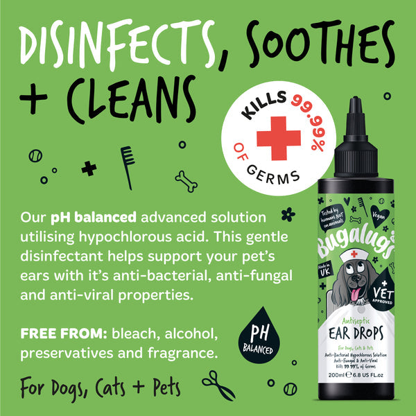 Bugalugs 200ml Antiseptic Ear Drops for Dogs, Cats & Pets