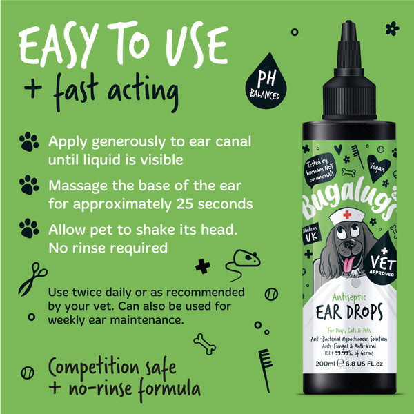 Bugalugs 200ml Antiseptic Ear Drops for Dogs, Cats & Pets