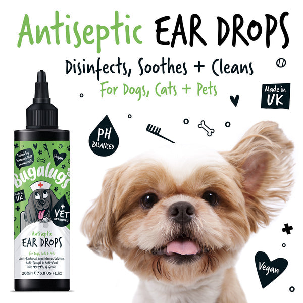 Bugalugs 200ml Antiseptic Ear Drops for Dogs, Cats & Pets
