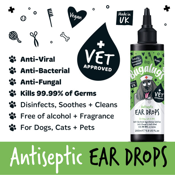 Bugalugs 200ml Antiseptic Ear Drops for Dogs, Cats & Pets