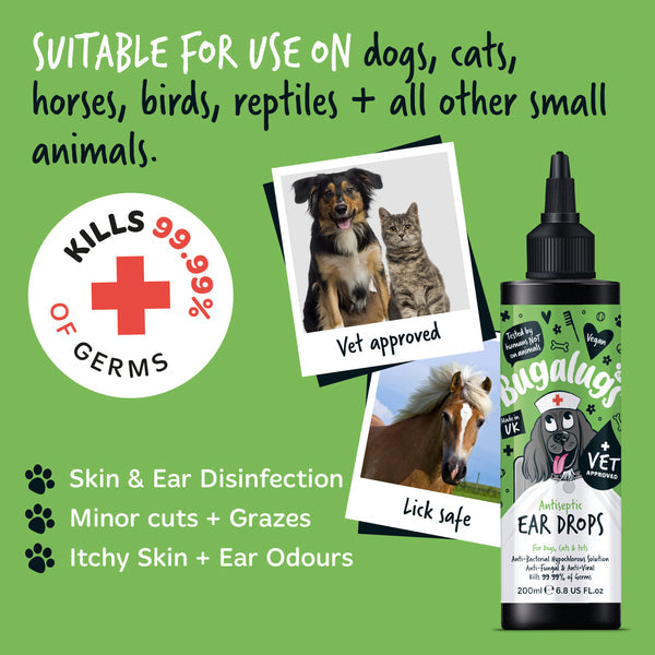 Bugalugs 200ml Antiseptic Ear Drops for Dogs, Cats & Pets