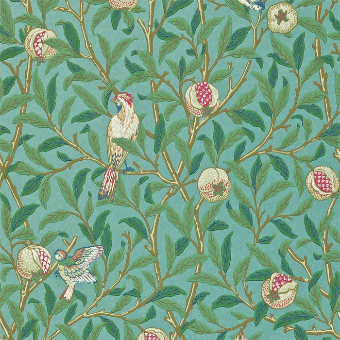 Morris & Co Bird & Pomegranate 212538 Turquoise/Coral Wallpaper