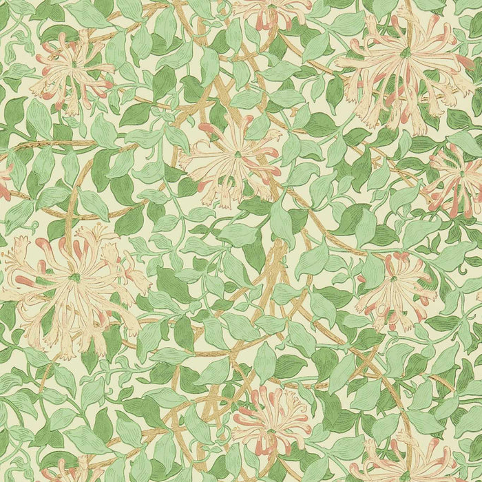 Morris & Co Honeysuckle Green Beige Pink Wallpaper