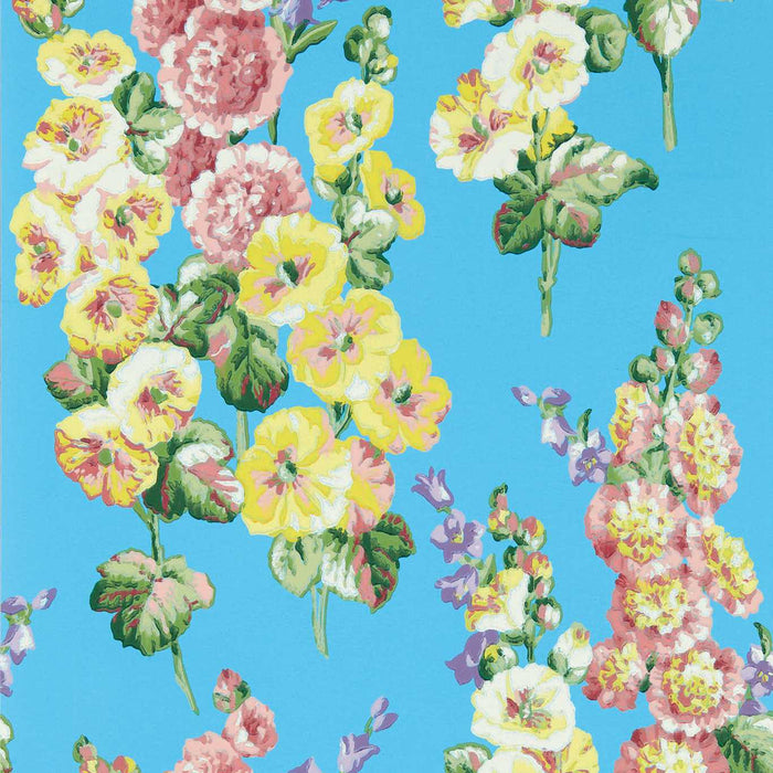 Hollyhocks Fire Pink/Bright Blue Wallpaper