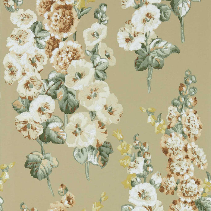 Hollyhocks Gold Metallic/Tan Wallpaper