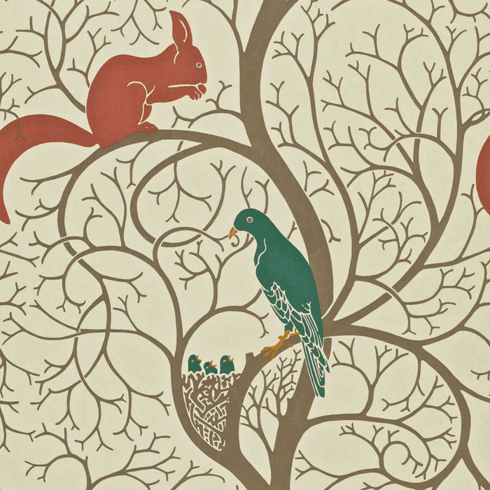 Squirrel & Dove Teal/Red Wallpaper