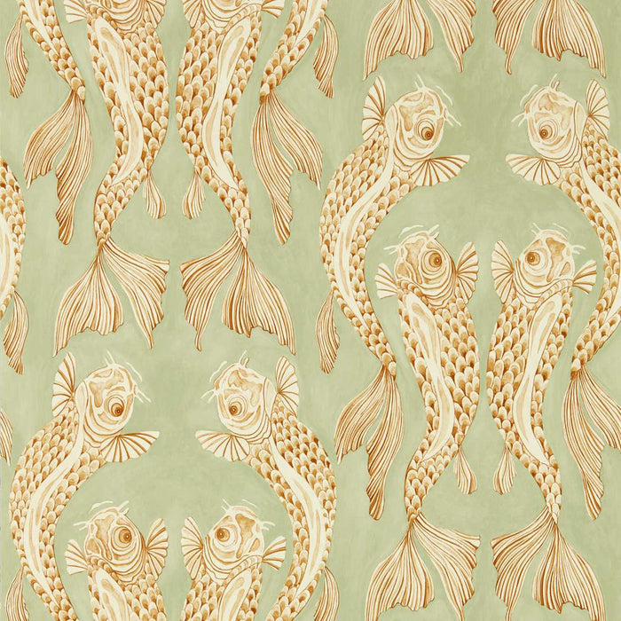 Voyaging Koi Oriental Green/Honey Wallpaper