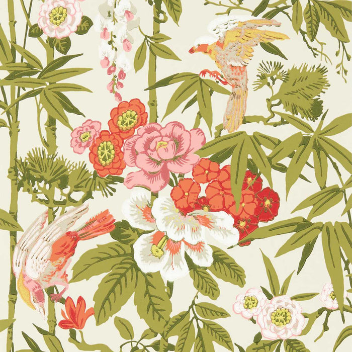 Bamboo & Birds Mandarin Red/Olive Wallpaper