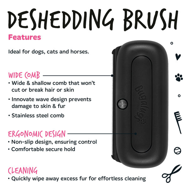 Bugalugs Deshedding Brush in Black for Dogs, Cats, Horses & Other Pets