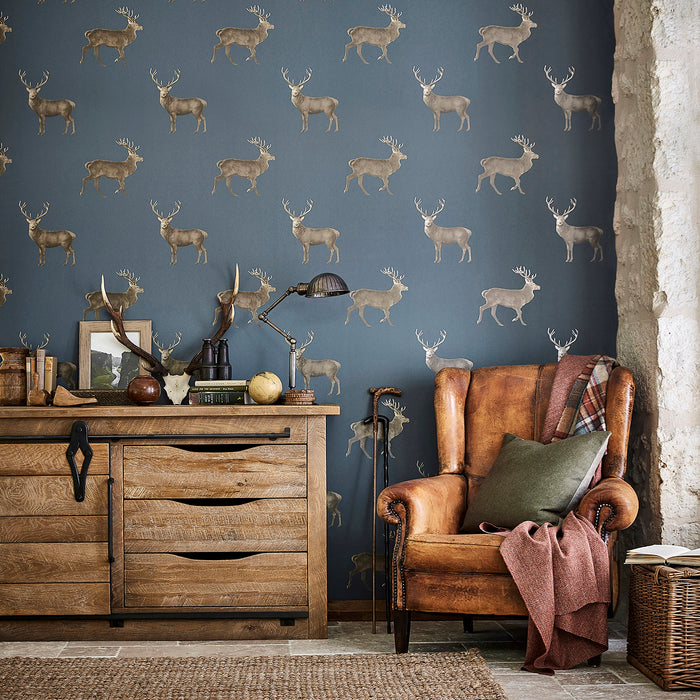 Evesham Deer Indigo Wallpaper