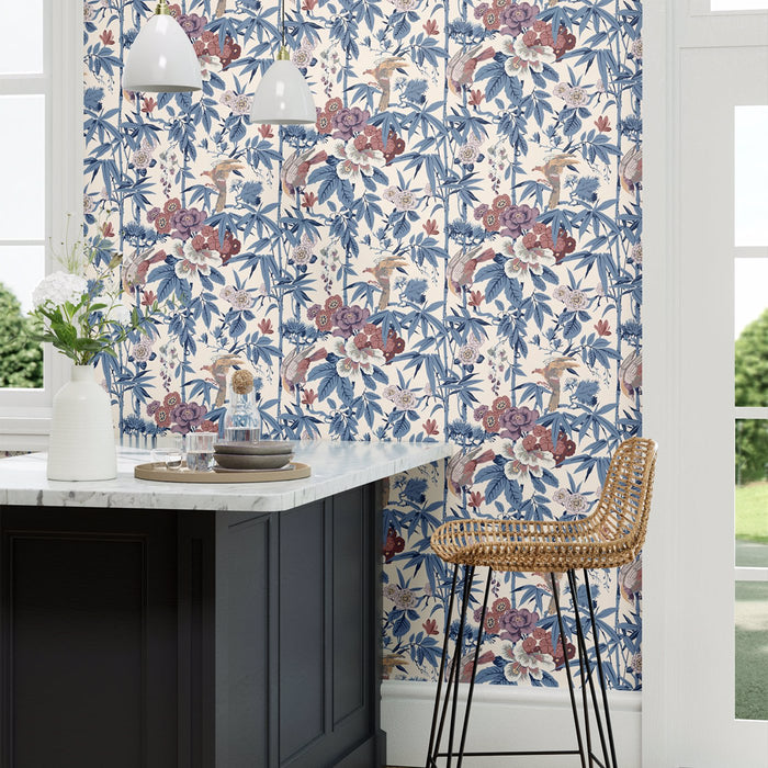 Bamboo & Birds China Blue /Lotus Pink Wallpaper