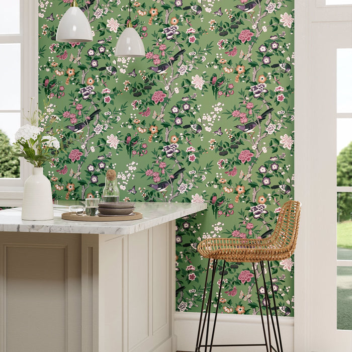 Chinoiserie Hall Chinese Green/Lotus Pink Wallpaper