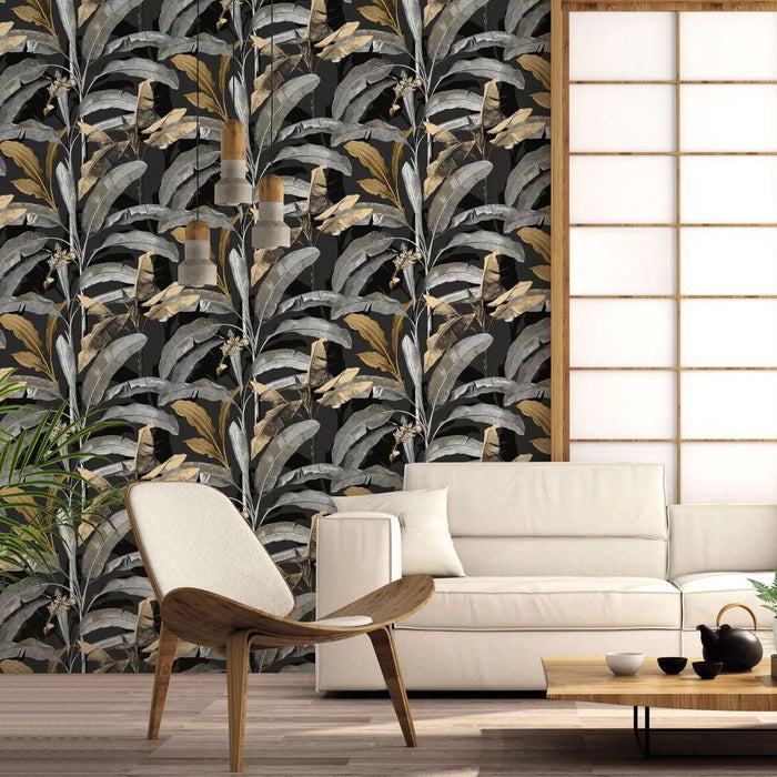 Galerie Banana Palm Wallpaper Charcoal 18542